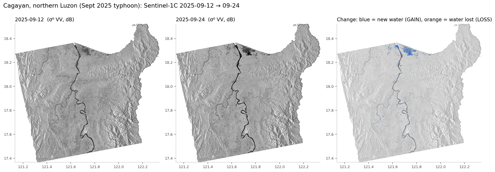 필리핀 카가얀 (Sentinel-1C, 2025-09-12→09-24): GAIN 55.0 km²