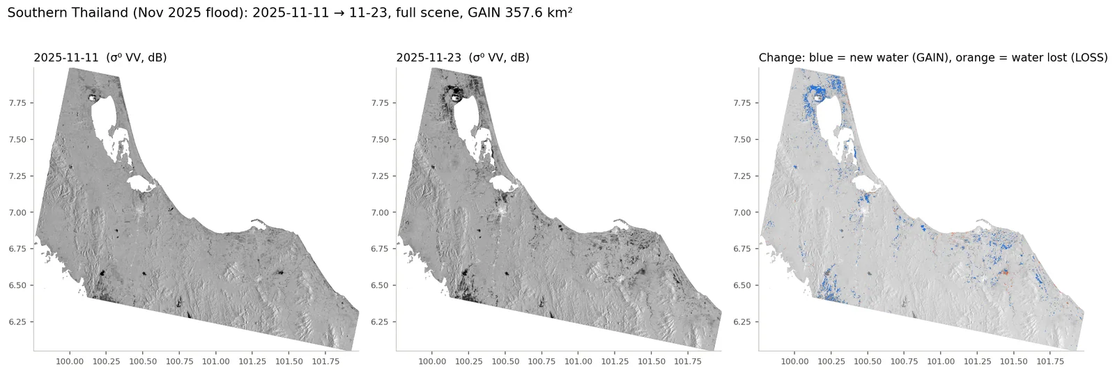 태국 남부 (2025-11-11→11-23) 전 장면: GAIN 357.6 km²